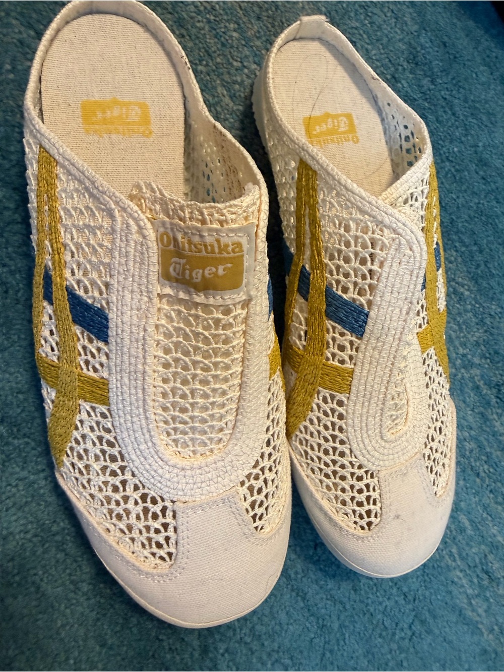 Onitsuka Tiger White Mesh Slip-On Sneakers with Yellow and Blue Accents